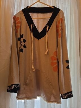 Knit Hoodie Tunic with Orange Floral Prints